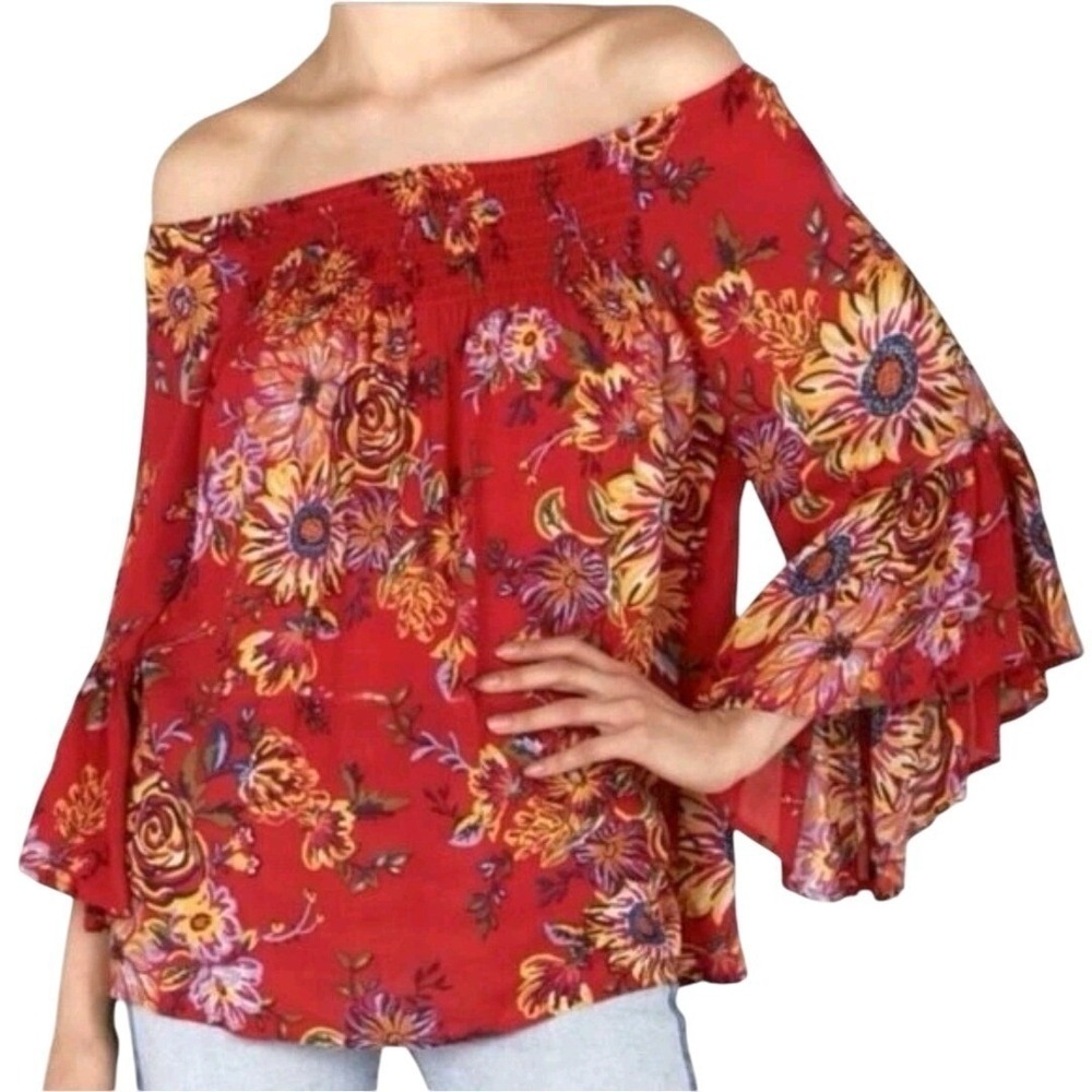Beach Lunch Lounge Boho Floral Red Off Shoulder Peasant Top with‎ Bell Sleeves S